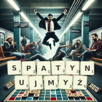 Kreatywna ilustracja do gry w Scrabble ze słowem SPATYNUJMYŻ ułożonym z płytek na planszy.