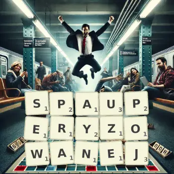 Kreatywna ilustracja do gry w Scrabble ze słowem SPAUPERYZOWANEJ ułożonym z płytek na planszy.