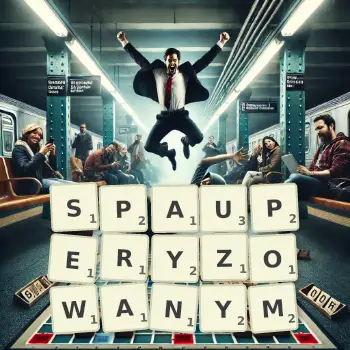 Kreatywna ilustracja do gry w Scrabble ze słowem SPAUPERYZOWANYM ułożonym z płytek na planszy.