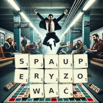 Kreatywna ilustracja do gry w Scrabble ze słowem SPAUPERYZOWAĆ ułożonym z płytek na planszy.