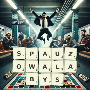 Kreatywna ilustracja do gry w Scrabble ze słowem SPAUZOWALABYS ułożonym z płytek na planszy.