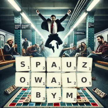Kreatywna ilustracja do gry w Scrabble ze słowem SPAUZOWALOBYM ułożonym z płytek na planszy.