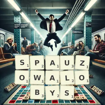 Kreatywna ilustracja do gry w Scrabble ze słowem SPAUZOWALOBYS ułożonym z płytek na planszy.