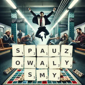 Kreatywna ilustracja do gry w Scrabble ze słowem SPAUZOWALYSMY ułożonym z płytek na planszy.