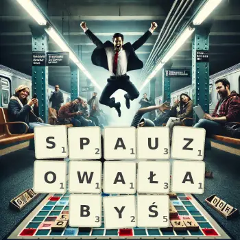 Kreatywna ilustracja do gry w Scrabble ze słowem SPAUZOWAŁABYŚ ułożonym z płytek na planszy.
