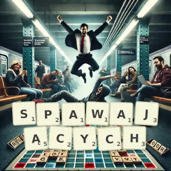 Kreatywna ilustracja do gry w Scrabble ze słowem SPAWAJĄCYCH ułożonym z płytek na planszy.