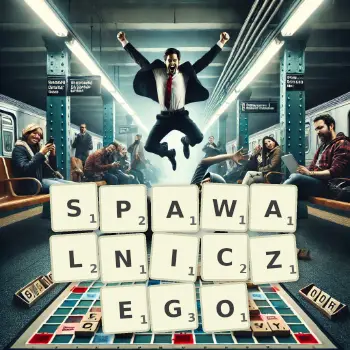 Kreatywna ilustracja do gry w Scrabble ze słowem SPAWALNICZEGO ułożonym z płytek na planszy.