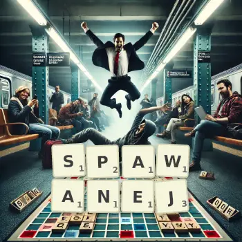 Kreatywna ilustracja do gry w Scrabble ze słowem SPAWANEJ ułożonym z płytek na planszy.