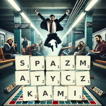 Kreatywna ilustracja do gry w Scrabble ze słowem SPAZMATYCZKAMI ułożonym z płytek na planszy.