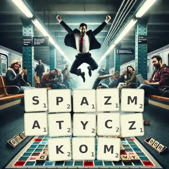 Kreatywna ilustracja do gry w Scrabble ze słowem SPAZMATYCZKOM ułożonym z płytek na planszy.