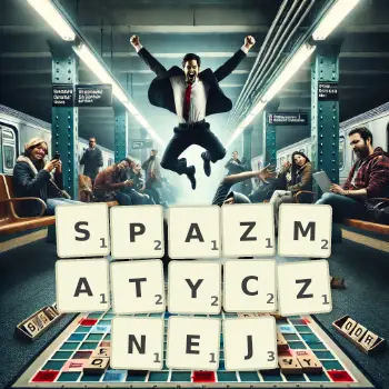 Kreatywna ilustracja do gry w Scrabble ze słowem SPAZMATYCZNEJ ułożonym z płytek na planszy.