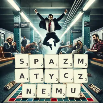 Kreatywna ilustracja do gry w Scrabble ze słowem SPAZMATYCZNEMU ułożonym z płytek na planszy.