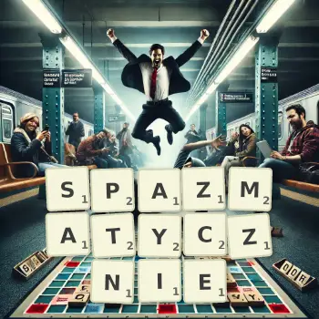 Kreatywna ilustracja do gry w Scrabble ze słowem SPAZMATYCZNIE ułożonym z płytek na planszy.