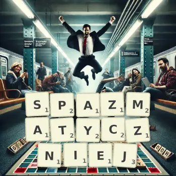 Kreatywna ilustracja do gry w Scrabble ze słowem SPAZMATYCZNIEJ ułożonym z płytek na planszy.