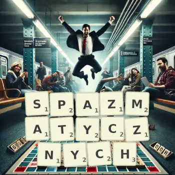 Kreatywna ilustracja do gry w Scrabble ze słowem SPAZMATYCZNYCH ułożonym z płytek na planszy.