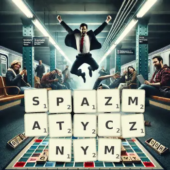 Kreatywna ilustracja do gry w Scrabble ze słowem SPAZMATYCZNYM ułożonym z płytek na planszy.