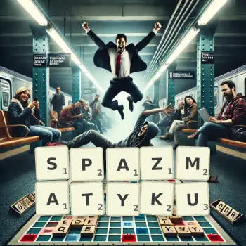 Kreatywna ilustracja do gry w Scrabble ze słowem SPAZMATYKU ułożonym z płytek na planszy.