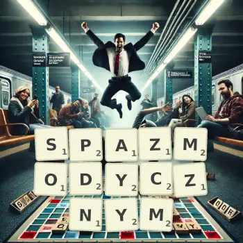Kreatywna ilustracja do gry w Scrabble ze słowem SPAZMODYCZNYM ułożonym z płytek na planszy.