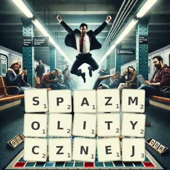 Kreatywna ilustracja do gry w Scrabble ze słowem SPAZMOLITYCZNEJ ułożonym z płytek na planszy.