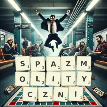 Kreatywna ilustracja do gry w Scrabble ze słowem SPAZMOLITYCZNI ułożonym z płytek na planszy.