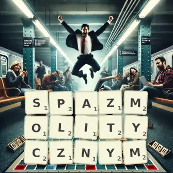 Kreatywna ilustracja do gry w Scrabble ze słowem SPAZMOLITYCZNYM ułożonym z płytek na planszy.