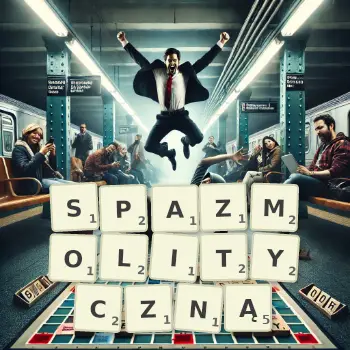 Kreatywna ilustracja do gry w Scrabble ze słowem SPAZMOLITYCZNĄ ułożonym z płytek na planszy.
