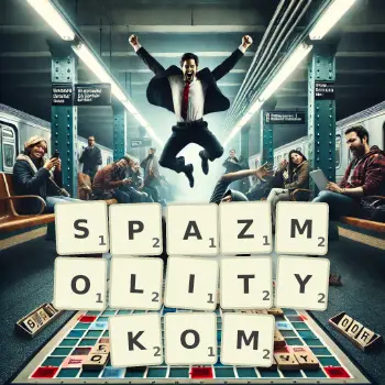 Kreatywna ilustracja do gry w Scrabble ze słowem SPAZMOLITYKOM ułożonym z płytek na planszy.