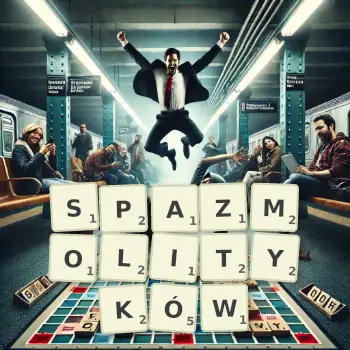 Kreatywna ilustracja do gry w Scrabble ze słowem SPAZMOLITYKÓW ułożonym z płytek na planszy.