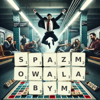 Kreatywna ilustracja do gry w Scrabble ze słowem SPAZMOWALABYM ułożonym z płytek na planszy.