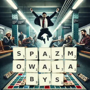 Kreatywna ilustracja do gry w Scrabble ze słowem SPAZMOWALABYS ułożonym z płytek na planszy.