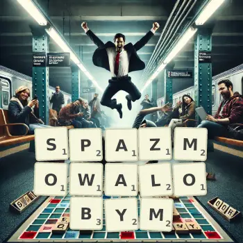 Kreatywna ilustracja do gry w Scrabble ze słowem SPAZMOWALOBYM ułożonym z płytek na planszy.