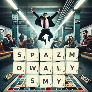 Kreatywna ilustracja do gry w Scrabble ze słowem SPAZMOWALYSMY ułożonym z płytek na planszy.