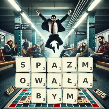 Kreatywna ilustracja do gry w Scrabble ze słowem SPAZMOWAŁABYM ułożonym z płytek na planszy.