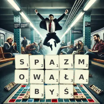 Kreatywna ilustracja do gry w Scrabble ze słowem SPAZMOWAŁABYŚ ułożonym z płytek na planszy.