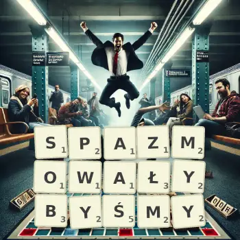 Kreatywna ilustracja do gry w Scrabble ze słowem SPAZMOWAŁYBYŚMY ułożonym z płytek na planszy.