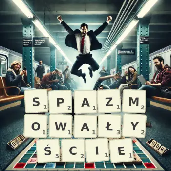 Kreatywna ilustracja do gry w Scrabble ze słowem SPAZMOWAŁYŚCIE ułożonym z płytek na planszy.