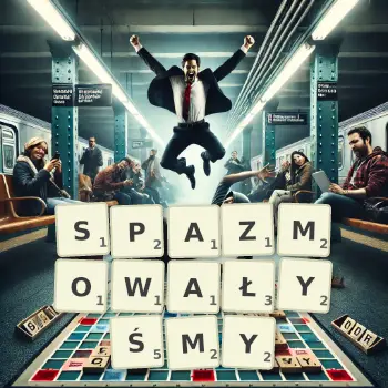 Kreatywna ilustracja do gry w Scrabble ze słowem SPAZMOWAŁYŚMY ułożonym z płytek na planszy.