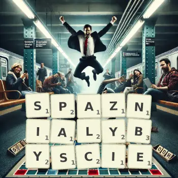 Kreatywna ilustracja do gry w Scrabble ze słowem SPAZNIALYBYSCIE ułożonym z płytek na planszy.