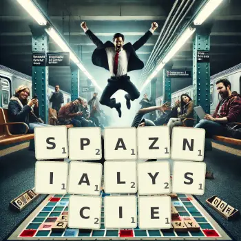 Kreatywna ilustracja do gry w Scrabble ze słowem SPAZNIALYSCIE ułożonym z płytek na planszy.