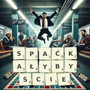 Kreatywna ilustracja do gry w Scrabble ze słowem SPAĆKAŁYBYŚCIE ułożonym z płytek na planszy.