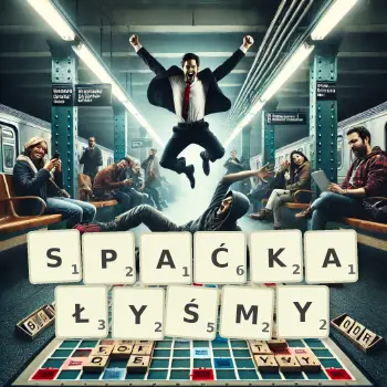 Kreatywna ilustracja do gry w Scrabble ze słowem SPAĆKAŁYŚMY ułożonym z płytek na planszy.