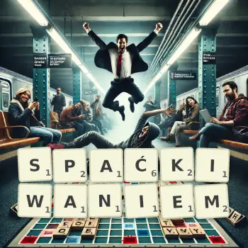 Kreatywna ilustracja do gry w Scrabble ze słowem SPAĆKIWANIEM ułożonym z płytek na planszy.