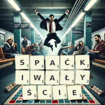 Kreatywna ilustracja do gry w Scrabble ze słowem SPAĆKIWAŁYŚCIE ułożonym z płytek na planszy.