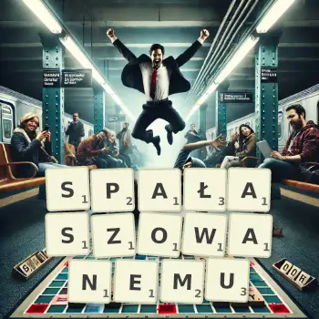 Kreatywna ilustracja do gry w Scrabble ze słowem SPAŁASZOWANEMU ułożonym z płytek na planszy.