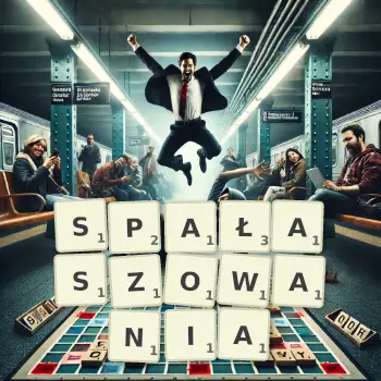 Kreatywna ilustracja do gry w Scrabble ze słowem SPAŁASZOWANIA ułożonym z płytek na planszy.
