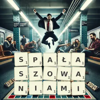 Kreatywna ilustracja do gry w Scrabble ze słowem SPAŁASZOWANIAMI ułożonym z płytek na planszy.