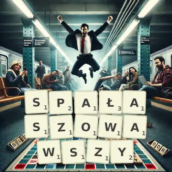 Kreatywna ilustracja do gry w Scrabble ze słowem SPAŁASZOWAWSZY ułożonym z płytek na planszy.
