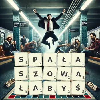 Kreatywna ilustracja do gry w Scrabble ze słowem SPAŁASZOWAŁABYŚ ułożonym z płytek na planszy.