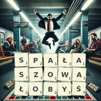 Kreatywna ilustracja do gry w Scrabble ze słowem SPAŁASZOWAŁOBYŚ ułożonym z płytek na planszy.