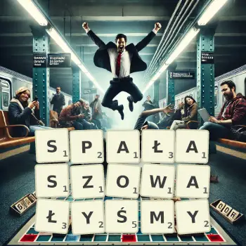 Kreatywna ilustracja do gry w Scrabble ze słowem SPAŁASZOWAŁYŚMY ułożonym z płytek na planszy.